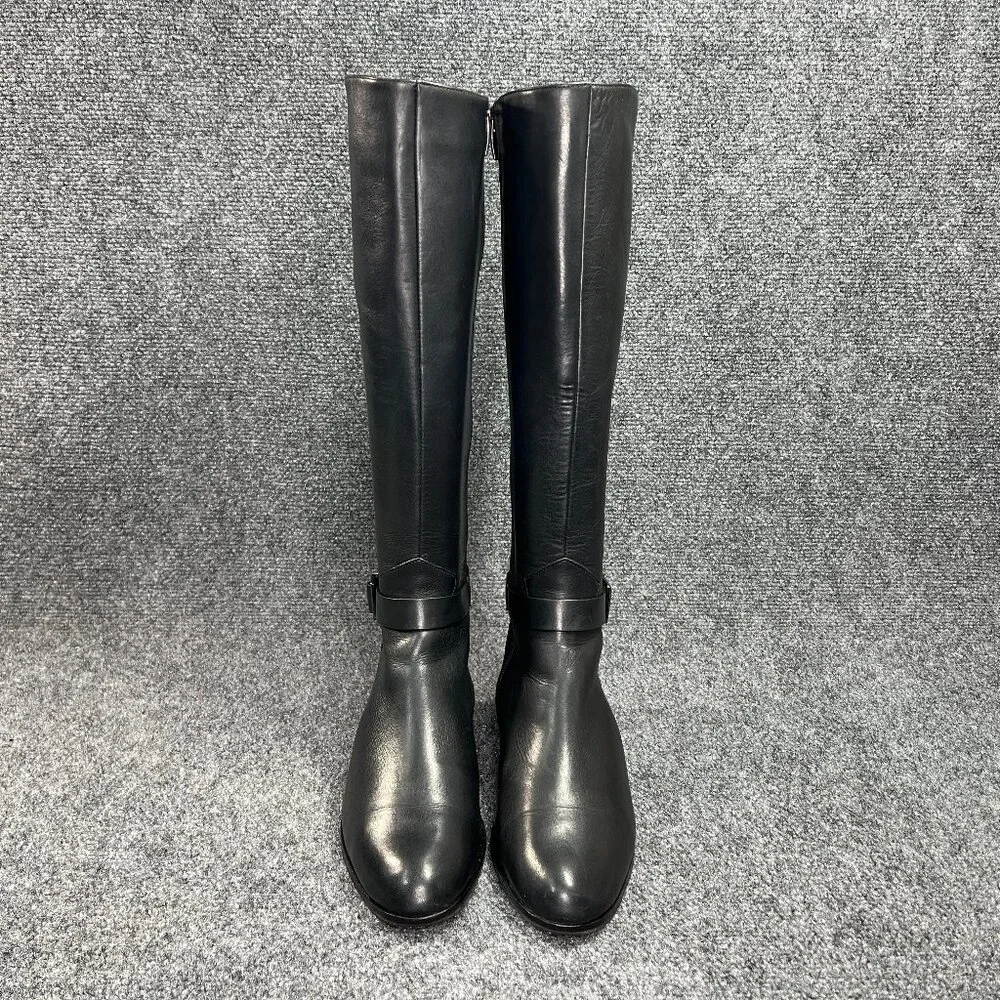 Via Spiga Tall Riding Boots Women's Size 7.5 Black Leather Buckle Knee High Boot